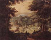 unknow artist a wooded landscape with a hunting party at the edge of a lake,a castle beyond oil painting picture